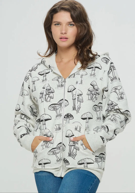 Mushroom Print Zipper Hoodie image 1