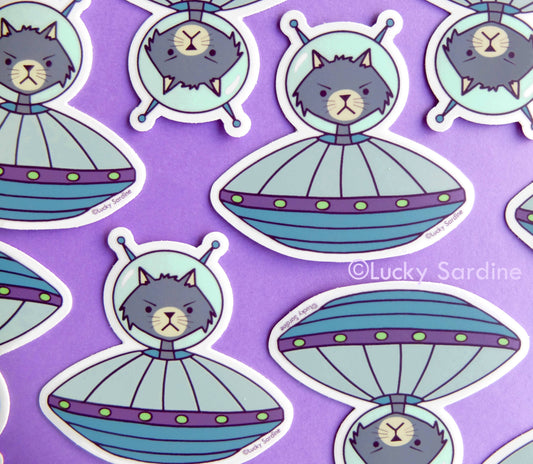 Cat Alien Spaceship, UFO Feline & Spacecraft Vinyl Sticker