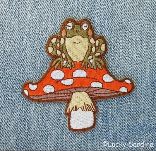 Toad & Mushroom, Toadstool Frog Embroidered Iron-On Patch image 0