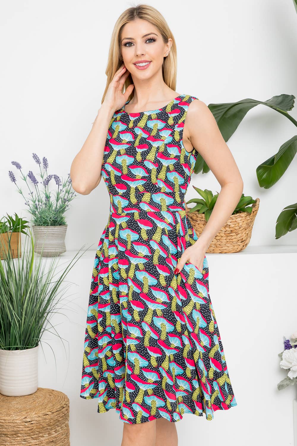 Mushroom Print Fit and Flare Midi Length Dress