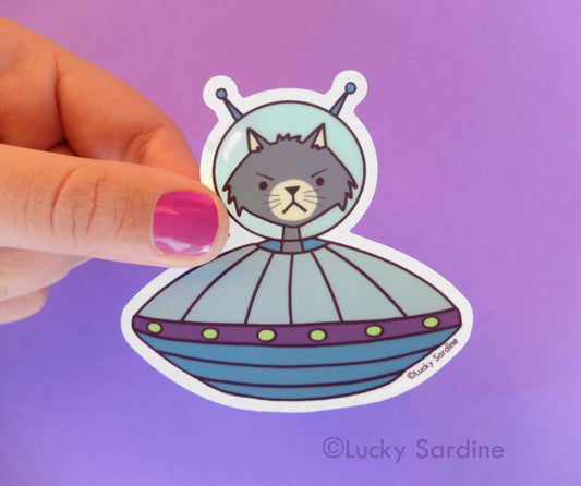 Cat Alien Spaceship, UFO Feline & Spacecraft Vinyl Sticker
