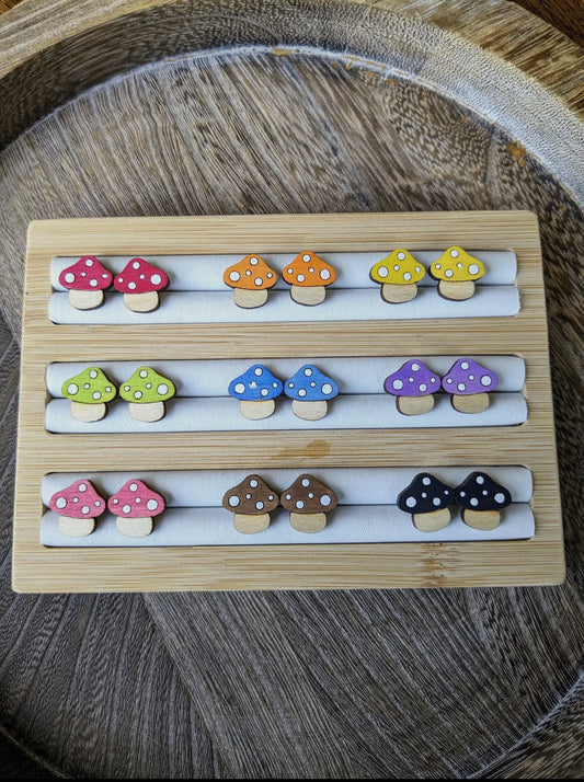 Small Wood Mushroom Stud Earrings Witchy Cottagecore image 0