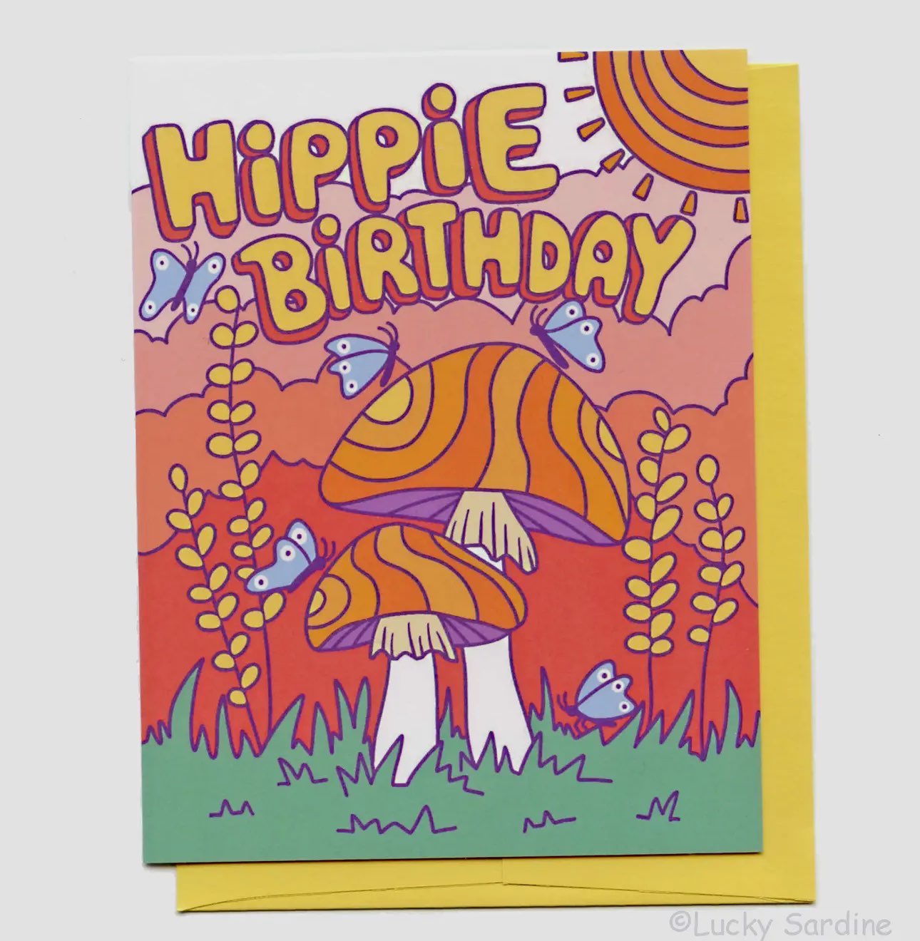 Hippie Birthday, Groovy Retro Butterfly & Mushroom Card image 0