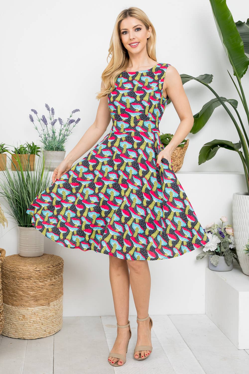 Mushroom Print Fit and Flare Midi Length Dress