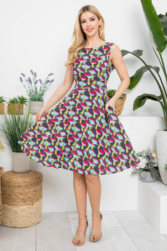 Mushroom Print Fit and Flare Midi Length Dress