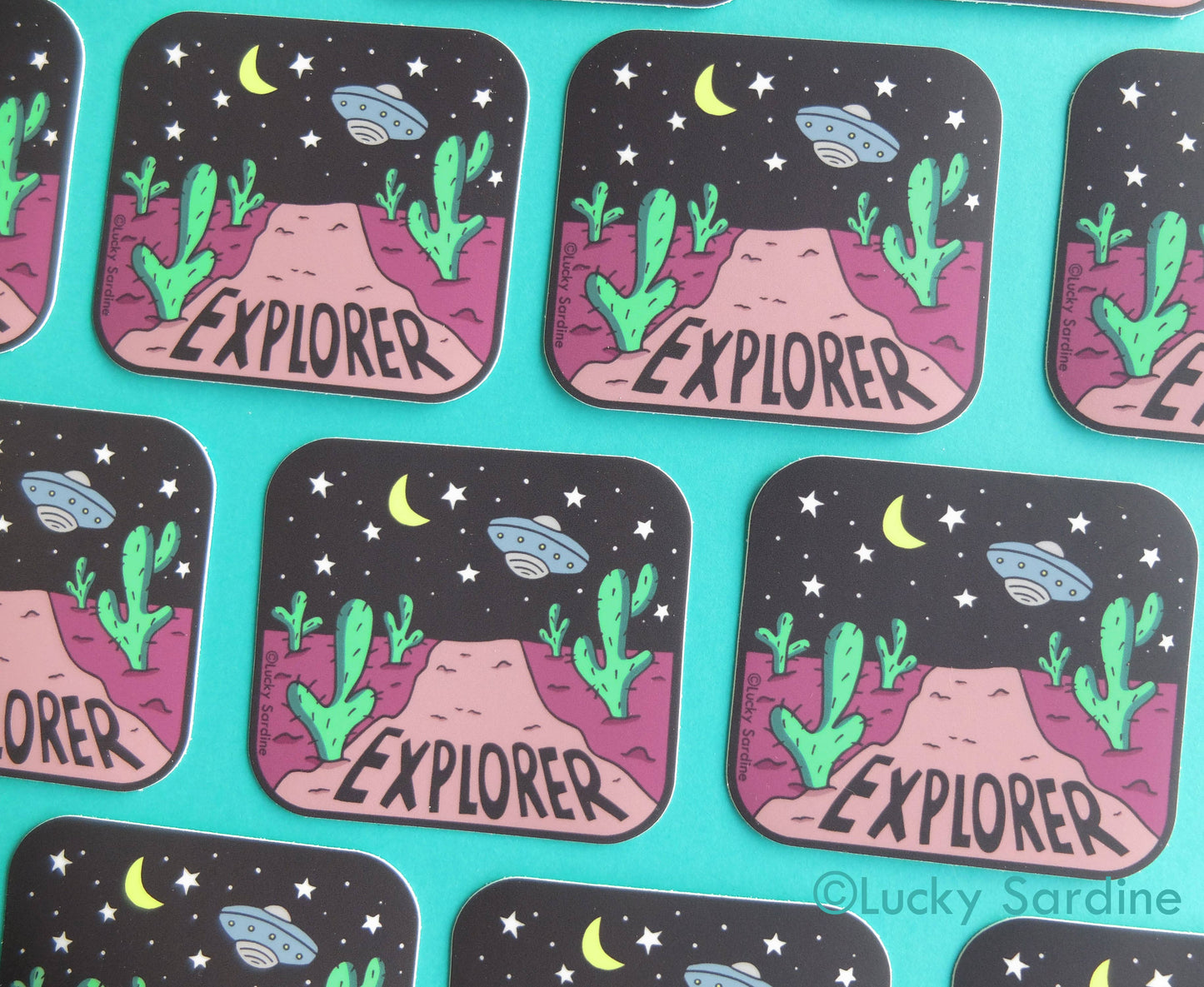 Desert Night UFO, Spaceship Cactus Explorer Vinyl Sticker